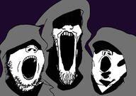3soyjaks clothes fantasy glasses hood lord_of_the_rings nazgul open_mouth soyjak soyjak_trio stretched_mouth stubble variant:gapejak variant:markiplier_soyjak variant:tony_soprano_soyjak // 828x581 // 145.3KB