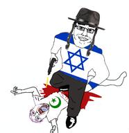 blood closed_mouth clothes firearm flag:israel full_body glasses gun hat islam israel judaism open_mouth palestine shoe soyjak star_and_crescent star_of_david stubble tranny variant:bernd variant:chudjak wholesome // 1309x1354 // 615.2KB
