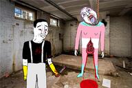 2soyjaks anhero arm basement blood clothes flag full_body glove gore guts hair hand hanging holding_knife holding_object irl_background knife leg murder mustache neovagina purple_hair rope smile soyjak suicide tongue tranny variant:bernd variant:chudjak // 1021x680 // 752.9KB