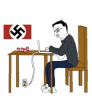 arm can chair clothes coke computer flag full_body glasses hair hand leg nazism politics shoe side_view sitting smile soyjak swastika table variant:chudjak virgin virgin_vs_chad // 415x434 // 42.1KB