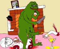 arm closed_mouth clothes concerned drawn_background frog full_body glass glasses gore hat holding_knife holding_object knife leg nsfw penis pepe piss poop smug soyjak stubble testicles variant:soyak // 1206x994 // 185.3KB