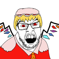 anime clothes female flandre_scarlet glasses hair hat mustache open_mouth red_eyes soyjak stubble touhou variant:feraljak video_game wing yellow_hair // 800x800 // 15.9KB