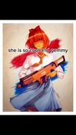 arm blue_eyes bowtie clothes ear firearm gem gun hair hand holding_object mymy necktie oh_my_god_she_is_so_attractive ongezellig orange orange_hair orange_skin rifle skirt tiktok total_nigger_death variant:markiplier_soyjak video weapon // 576x1024, 9.5s // 195.2KB