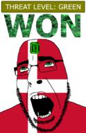 ahegao country denmark emerald flag flag:denmark gem glasses green green_eyes hair looking_up open_mouth schlog_color_event soyjak soyjak_blog stubble teeth text threat_level_green variant:cobson won // 721x1115 // 139.2KB