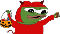 amphibian animal apple candy candy_bar clothes costume demon demon_horns food frog green_skin halloween holding_object horn lips lollipop nas nas:pepe open_mouth pepe pepe_the_frog pumpkin red_shirt subnas:apu transparent_background twix // 734x421 // 198.5KB