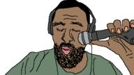 arm badempenada beard brown_skin closed_eyes clothes hair hand headphones holding_object microphone open_mouth soyjak variant:unknown youtube youtuber // 562x317 // 7.6KB