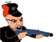 arm black_shirt clothes firearm glasses gun hand hat holding_gun holding_object holding_shotgun nazism open_mouth shotgun soyjak stubble swastika variant:kliksjak weapon white_skin // 1298x973 // 589.4KB