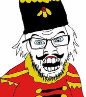 angry blue_eyes clothes glasses hair hat mustache nutcracker open_mouth soyjak stubble variant:feraljak white_hair // 876x997 // 106.6KB