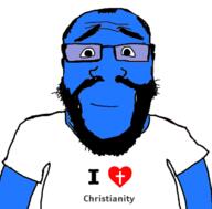arm beard blue blue_skin calm christian_cross christian_identity christianity closed_mouth clothes glasses hair heart i_love soyjak subvariant:science_lover text tshirt variant:markiplier_soyjak // 718x708 // 108.5KB