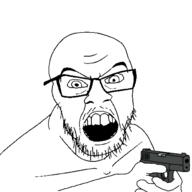 angry arm glasses gun hand holding_gun holding_object holding_pistol mustache open_mouth pistol soyjak stubble teeth variant:feraljak // 1500x1500 // 17.8KB