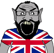 balding beard black_sclera clothes ear eternal_anglo fangs flag:united_kingdom glasses grey_skin hair open_mouth soyjak subvariant:science_lover tshirt variant:markiplier_soyjak white_background yellow_teeth // 800x789 // 129.6KB