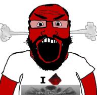 angry beard clothes devil_daggers fume glasses i_love open_mouth red_skin smoke soyjak subvariant:science_lover text tshirt variant:markiplier_soyjak video_game // 800x788 // 203.7KB