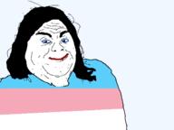 closed_mouth eyebrows facial_hair fat flag flag:transgender_pride_flag hair lips looking_at_you makeup mouth obese smug soyjak tranny variant:alicia // 624x467 // 16.2KB
