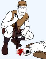 2soyjaks ak-47 clothes firearm full_body glasses gore gun hat holding_gun holding_object holding_rifle open_mouth rifle smile soyjak stubble variant:cobson variant:feraljak weapon // 950x1212 // 92.2KB