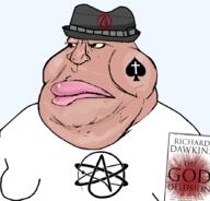 angry atheism atom atom_whirl brown_skin christian_cross christianity clothes cross crucifix fat fedora flag hair lips mexico meximutt mick_(namefag) obese queen_of_spades richard_dawkins soyjak spade text the_god_delusion transparent_background variant:meximutt yellow_sclera // 888x849 // 249.3KB