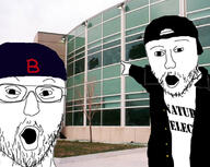 arm cap clothes columbine glasses hat irl_background open_mouth pointing soyjak stubble text variant:two_pointing_soyjaks // 1129x900 // 177.0KB