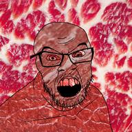 angry food glasses irl_background meat mustache open_mouth red_skin soyjak stubble variant:feraljak // 1500x1500 // 3.0MB