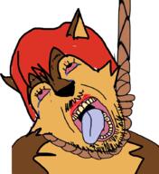 bloodshot_eyes crying dead eyelashes furry hair hanging mustache open_mouth proto-furtranny red_hair rope sally_acorn sonic_the_hedgehog soyjak stubble suicide tongue variant:bernd yellow_teeth // 820x896 // 268.9KB