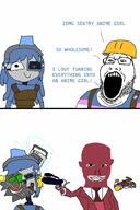 2soyjaks arm balaclava blue_hair clothes comic engineer_(tf2) glasses gun hair hand hard_hat hat holding_gun holding_object knife murder necktie open_mouth revolver robot soyjak spy_(tf2) stubble subvariant:chudjak_front suit suspenders team_fortress_2 text tranny variant:chudjak variant:markiplier_soyjak2 video_game // 1000x1500 // 178.2KB