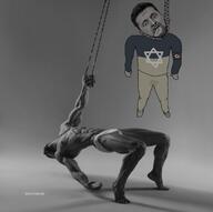 arm clothes ear full_body gigachad hand hanging judaism leg oink russo_ukrainian_war sad soyjak stubble ukraine variant:impish_soyak_ears variant:soyak volodymyr_zelenskyy // 1768x1756 // 827.1KB