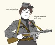 arm band-aid bandage brown_hair closed_mouth clothes firearm gun hair hand hat holding_gun holding_object kolyma soyjak subvariant:shoyta text uniform variant:gapejak weapon // 1194x981 // 89.2KB