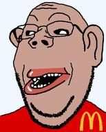 amerimutt black_sclera clothes ear glasses inverted_eye_color mcdonalds mutt mutt_lips open_mouth red_lips red_shirt series:fusionjaks series:muttverse soyjak subvariant:gapemutt tan_skin teeth transparent_background variant:gapejak white_eyes // 1000x1250 // 36.9KB