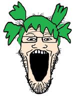 4chan anime female glasses green_hair hair open_mouth soyjak stubble variant:markiplier_soyjak yotsoyba // 1088x1407 // 547.6KB