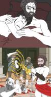beard bloodshot_eyes classical_art_parody clothes crying happy_merchant hat holding_object jewish_nose judaism kippah menorah muscles naked red_eyes roman roman_legionary_helmet rome smile subvariant:hornyson sword tear variant:chudjak variant:cobson variant:soyak // 984x1880 // 853.7KB