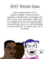 4chan acne angry arm black_skin brown_eyes brown_skin choker closed_mouth clothes glasses hair hand holding_object int_(4chan) law mustache open_mouth purple_hair soyjak stubble sweating text tranny variant:chudjak variant:feraljak yellow_sclera // 615x735 // 162.8KB