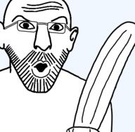 beard cucumber ear glasses hand holding_object mustache open_mouth soyjak variant:56jak // 427x417 // 27.6KB