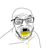 crazed glasses meta:low_resolution missing_teeth mustache open_mouth piss soyjak stubble variant:feraljak wrinkles // 225x225 // 7.7KB