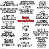 christianity crying glasses imgflip.com jesus judaism open_mouth red_eyes soyjak stubble teeth text variant:soyak // 628x628 // 90.5KB