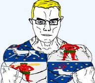 animal arm aryan blue_eyes buff closed_mouth clothes club country county ear elk flag flag:norbotten glasses hair holding_club holding_object norrbotten red_skin soyjak star_(symbol) subvariant:chudjak_front subvariant:muscular_chud sweden transparent_background tshirt variant:chudjak vein wildman yellow_hair // 1059x929 // 151.4KB