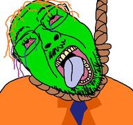 bloodshot_eyes clothes crying dead glasses green_skin hair hanging mustache necktie open_mouth orange_hair red_eyes rope soyjak stubble suicide suit the_mask tongue tranny variant:gapejak // 768x719 // 157.3KB