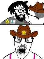 2soyjaks 4chan beard chitwood clothes cowboy_hat glasses grey_hair hair hat meta:tagme mudkip mustache open_mouth pokemon richard_golden sheriff soyjak triforce variant:nerdjak // 739x987 // 215.1KB