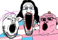 3soyjaks beard ear flag:transgender_pride_flag glasses hair open_mouth pink_skin pooner purple_hair red_lips soyjak_trio stretched_mouth subvariant:longplier tranny troonella variant:alicia variant:gapejak variant:markiplier_soyjak variant:tony_soprano_soyjak // 828x581 // 77.5KB