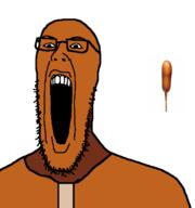 corn_dog food glasses nuvariant open_mouth soyjak stick stubble teeth variant:lengthson // 576x614 // 36.2KB