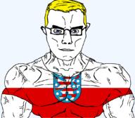 Thuringia animal arm blue_eyes buff closed_mouth clothes flag flag:thuringia germany glasses hair lion soyjak star_(symbol) subvariant:chudjak_front subvariant:muscular_chud transparent transparent_background tshirt variant:chudjak vein yellow_hair // 1059x929 // 90.2KB
