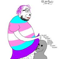 arm artist:limeraid blowjob clothes flag flag:transgender_pride_flag glasses gluck hair hairy hand leg lifting_dress lipstick meta:pornographic_content mustache npc nsfw open_mouth purple_hair redraw side_profile skirt smile soyjak stubble tranny variant:bernd watermark wojak // 676x680 // 48.7KB