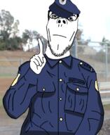 closed_mouth clothes coaltent_cop glasses hand irl_background neutral never_goon police police_hat soyjak stubble text uniform variant:dubbbzjak // 614x750 // 211.0KB