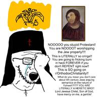 byzantine christianity clothes cross crying ecce_mono flag glasses hand hat jesus open_mouth orthodox_church painting reddit soyjak stubble text variant:soyak // 1280x1280 // 199.1KB