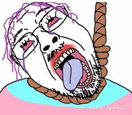 ack animated beard bloodshot_eyes clothes crying detrans ext=gif glasses hailou_ai hanging irl meta:ai_generated meta:not_oc minimax open_mouth purple_hair red_eyes rope soyjak suicide suit tear tongue tranny transformation troon variant:bernd yellow_teeth // 800x695 // 14.2MB