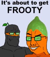 2soyjaks Champion_X(user) alternate_timeline balaclava froot glasses lime_(user) opposite orange_skin smirk soyjak_party subvariant:perceptive_chud text tinted_glasses variant:chudjak // 1106x1254 // 216.2KB