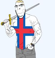 1948 aryan blue_eyes buff clothes faroe_islands faroese_coat_of_arms flag flag:faroe_islands hair holding_object holding_sword nordic smile soyjak stubble sword variant:cobson watch wristwatch yellow_hair // 1834x1910 // 98.9KB