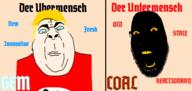 angry black_skin blue_eyes closed_mouth fat glasses hair nazism red_eyes soyjak stubble swastika text trend:aryan variant:chugsjak variant:cobson white_skin yellow_hair yellow_teeth // 3375x1600 // 947.5KB