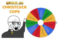 arm christianity clothes crxing glasses hand open_mouth priest red_eyes soyjak soyjao stubble text variant:soyak wheel_of_fortune // 1024x710 // 69.7KB