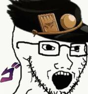 animated anime clothes glasses hat japanese_text jojos_bizarre_adventure kujo_jotaro open_mouth soyjak stubble variant:soyak // 465x498 // 301.0KB