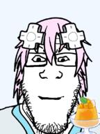 anime closed_mouth female food hair hair_ornament happy hoodie hyperdimension_neptunia neptune pink_hair pudding smile variant:markiplier_soyjak video_game white_skin // 600x800 // 123.2KB