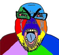 angry colorful crying glasses open_mouth red_eyes seethe soyjak stubble subvariant:seethejak teeth tongue variant:bernd // 1200x1125 // 143.0KB