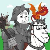 animal armor closed_mouth dragon frog glasses horse horseback_riding knight medieval pepe sallet smile smug soyjak stubble subvariant:smug_horse variant:smugjak wojak // 554x554 // 314.3KB